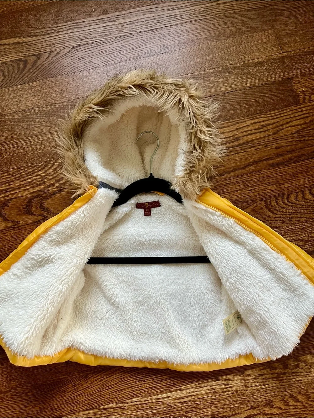 7 For All Mankind Yellow Puffer Jacket with Faux Fur-Trim Hood